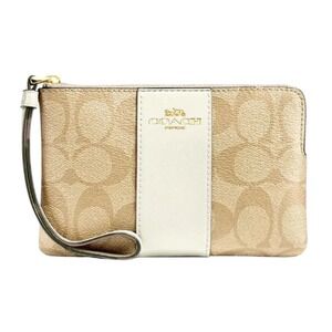 Coach Corner Zip Wristlet Leather Strap  Gold/Sand/Chalk